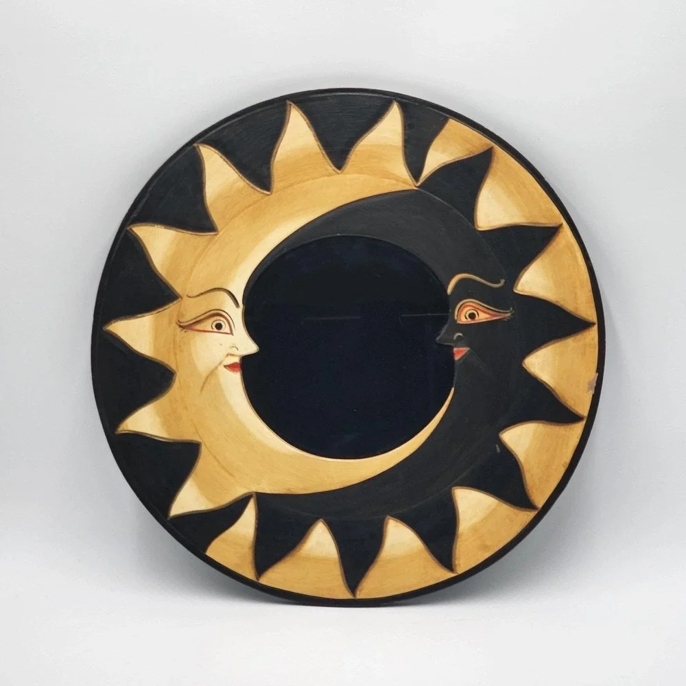 Vintage Hand Carved Celestial Sun Moon Mirror Bali Folk Art Wall Decor Eclectic